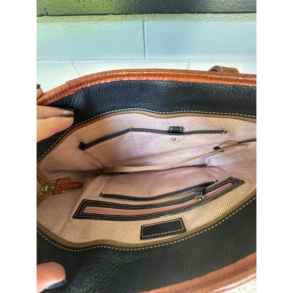 Dooney & Bourke Black Leather Tote Bag With Brown Trim & Gold Logo - Picture 5 of 10